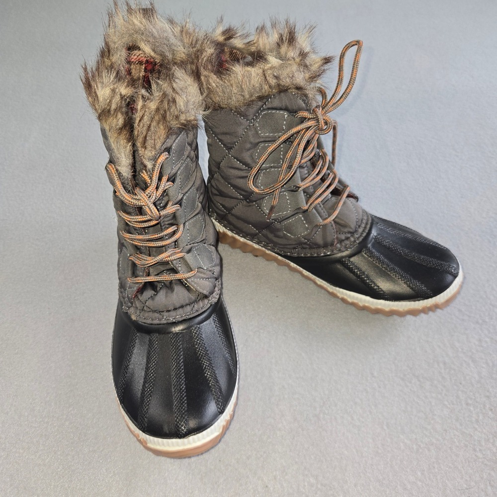 Bamboo Winter Snow Boots Womens 7 Grey Quilted Faux Fur Trim Duck Boots